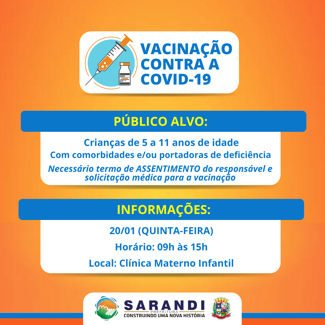 Vacinação Contra Covid-19 - Crianças de 05 a 11 anos de idade - Quinta-feira (20/01)